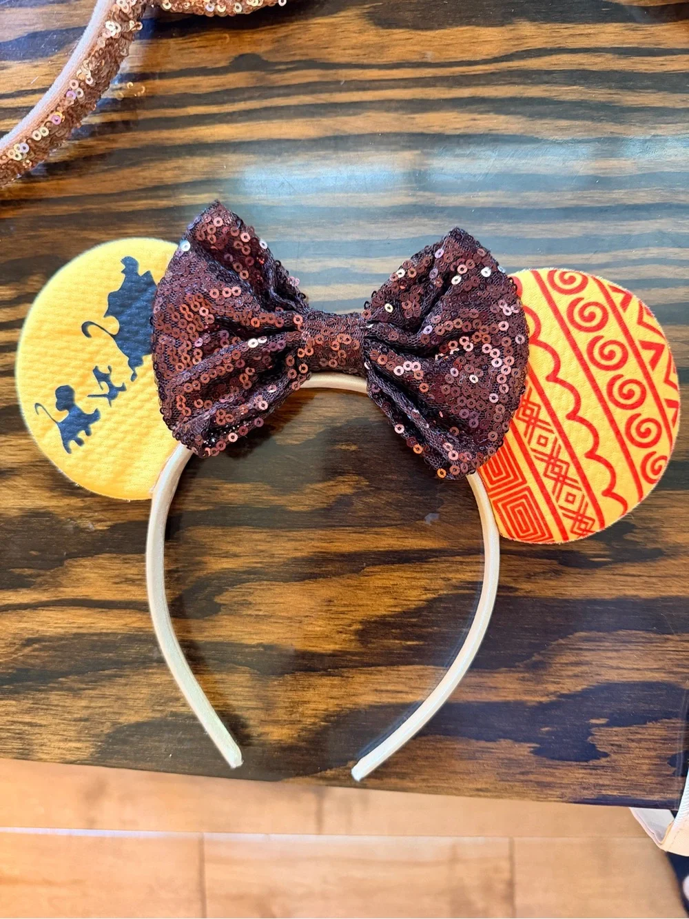 Kids Sequin Bow Ear Headband - Brown & Yellow Patterned Ears